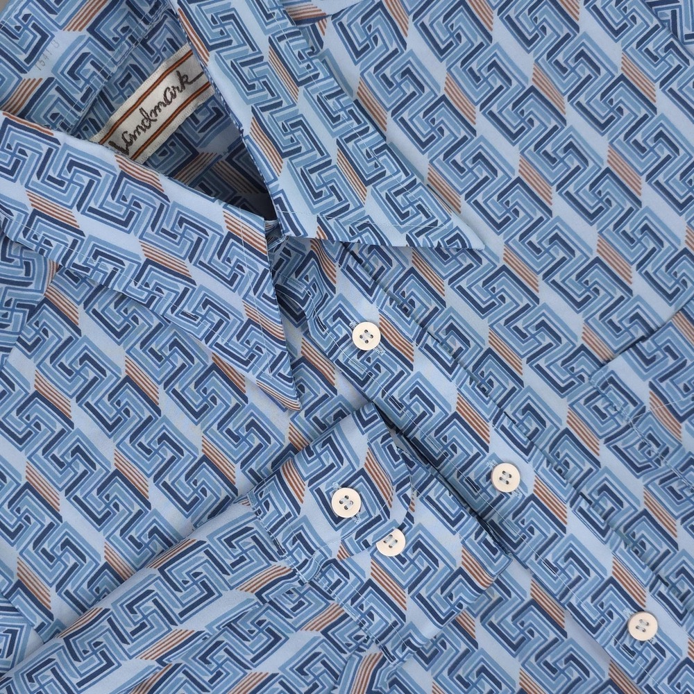 Vintage Landmark Shirt Men Medium Blue Geometric Long Sleeve Polyester 70s Disco